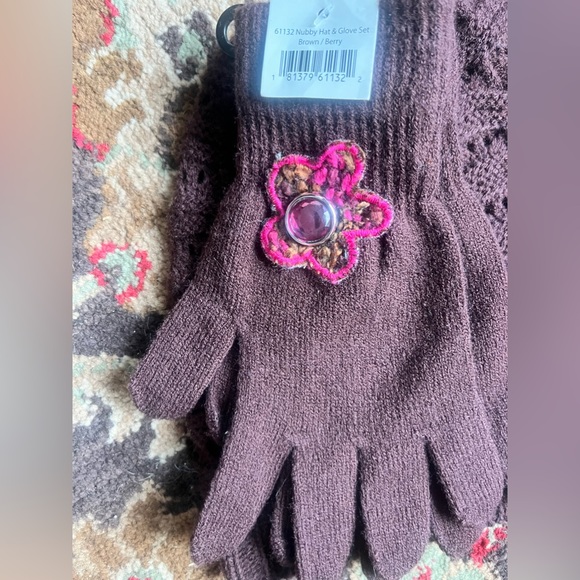 Vtg Y2K Brown Berry Nubby Hat & Glove set w/pink rhinestone flower by Amanda Blu - Picture 5 of 7